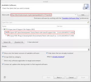 Select “Help > Install New Software…” to open the Available Software dialog.