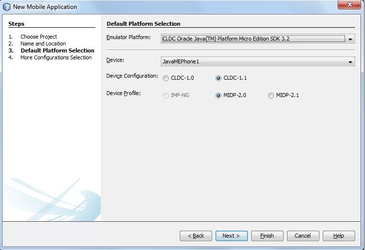 Figure 4: Choosing the device platform for the MIDlet