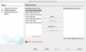 Figure 3: NetBeans IDE Session Beans for Entity Classes Dialog