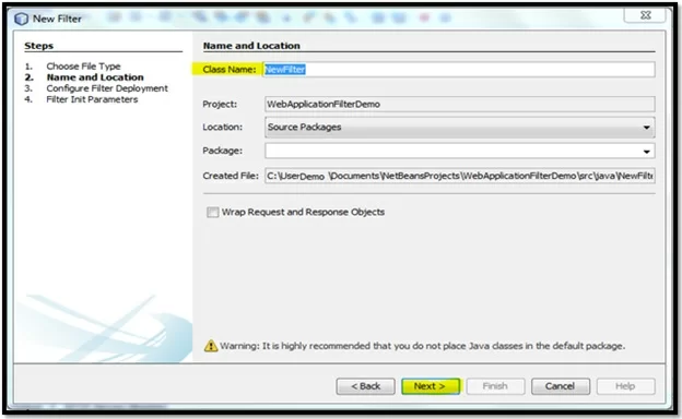 Java Servlet Figure 13: Add Class Name as NewFilter and click on Next