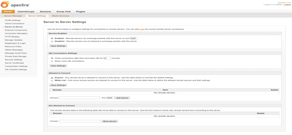 Figure 5: Server to Server Settings