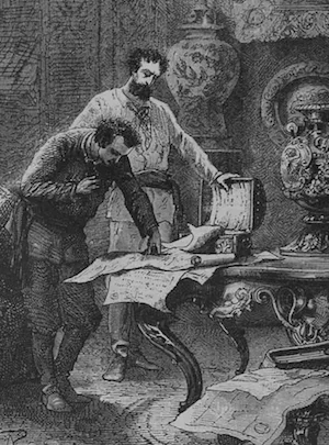 Professor Aronnax and Captain Nemo plot the course of the Nautilus.
