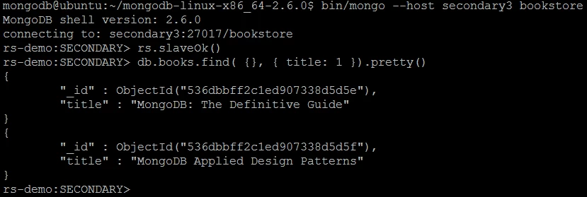 Picture 8. Querying books collection on the secondary member of replica set.