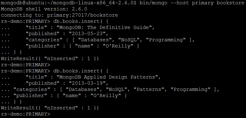 Picture 7. Inserting new documents into books collection by issuing commands against primary member of replica set.