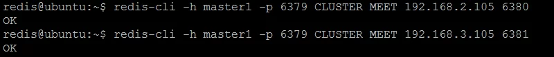 Picture 6. Forming the Redis cluster by issuing CLUSTER MEET command.