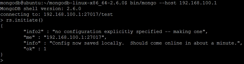 Picture 2. Initiating the replica set with default configuration.
