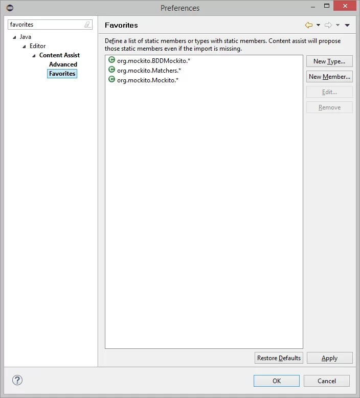 Figure 1 - Content Assist Favorites