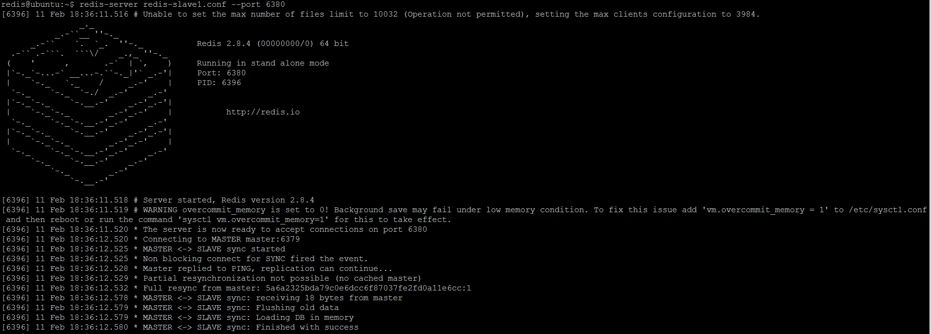 Figure 3. Redis slave (replica) 1 is started (by default in read-only mode) and immediately synchronizes with master