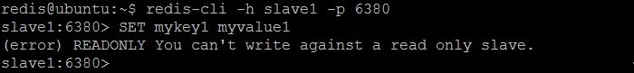 Figure 7. SET command on read-only slave (slave1) returns an error