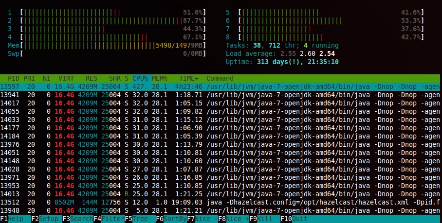 Running htop to examine the loads on one of our servers, load average appears on the top right