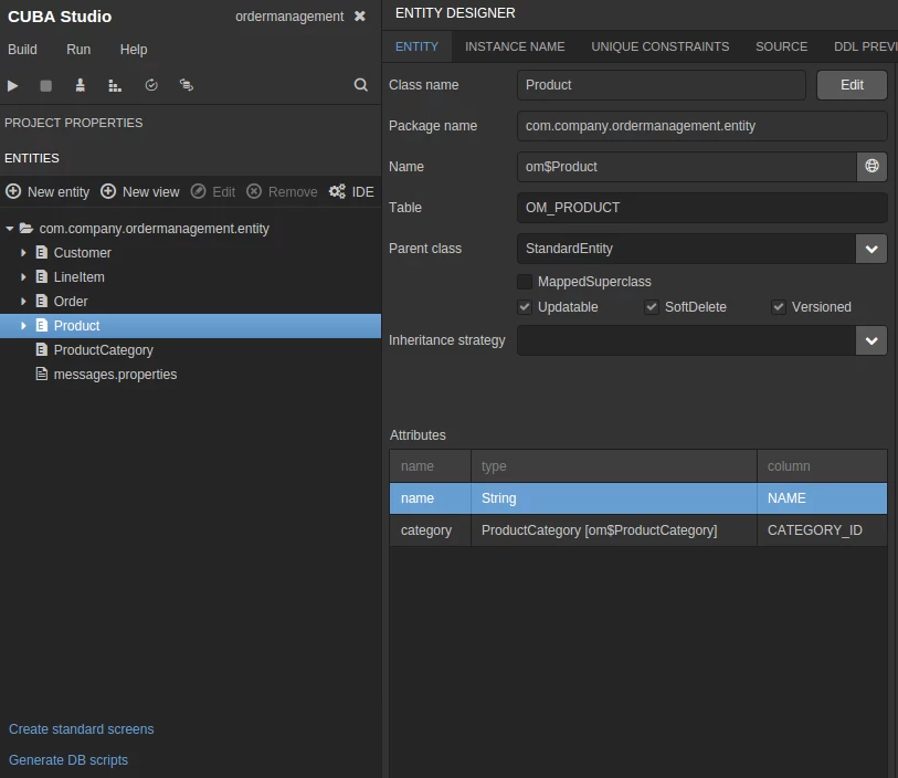 CUBA Studio showing the Product Entity with the possibilites to generate screens