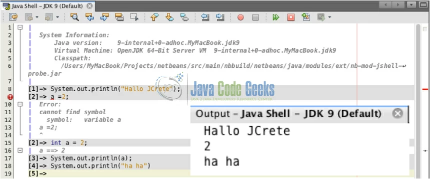 Fig. 2 - JShell in NetBeans 9 EA