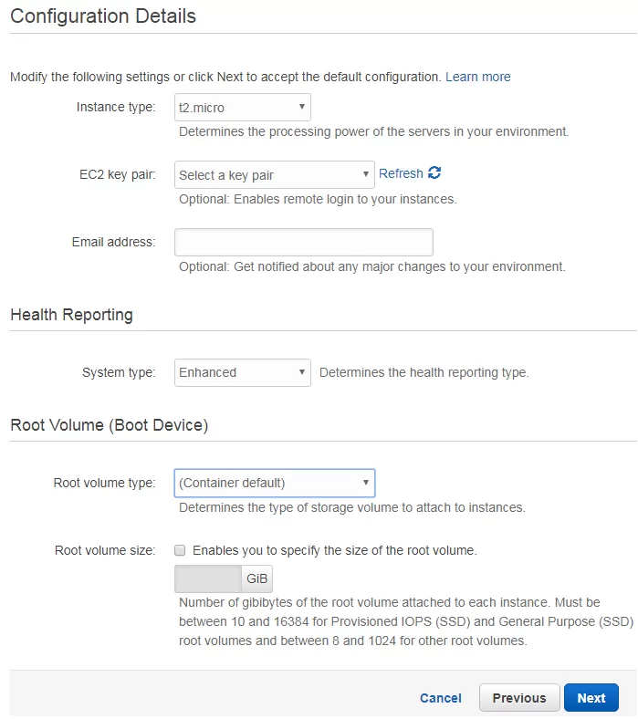 Amazon Elastic Beanstalk configuration details