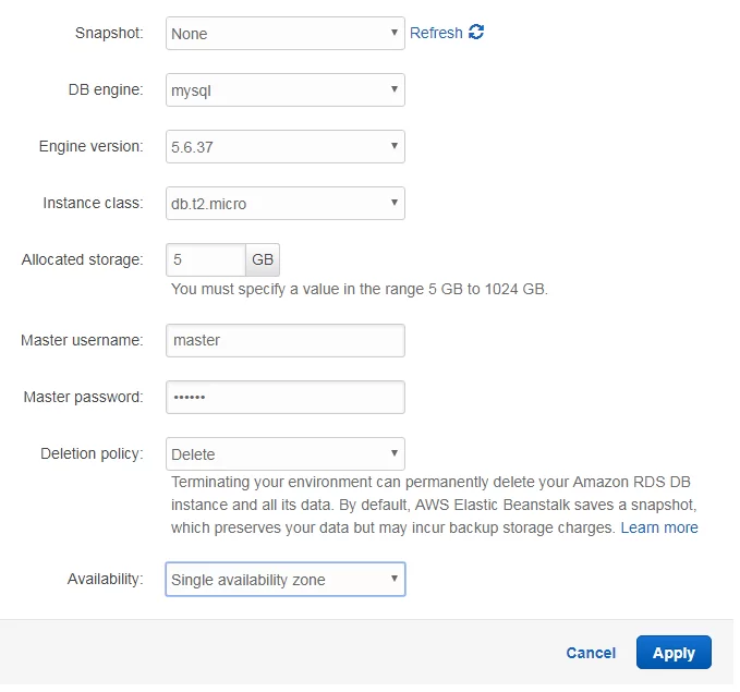 Amazon Elastic Beanstalk create RDS