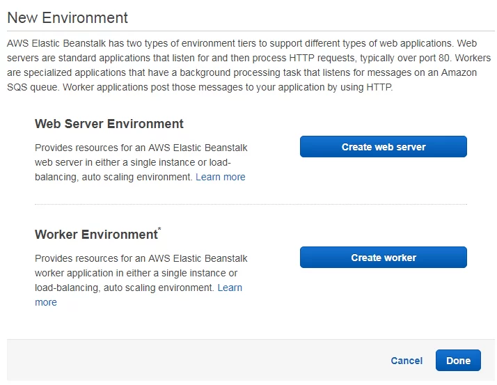 Amazon Elastic Beanstalk new environment