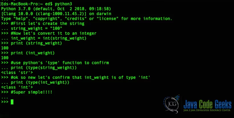 Python String to Int - interactive shell example