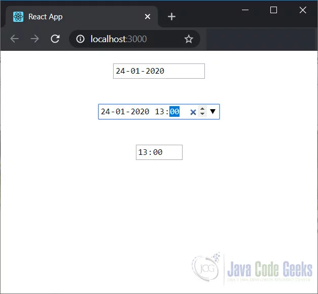 ReactJS DatePicker - Project Output