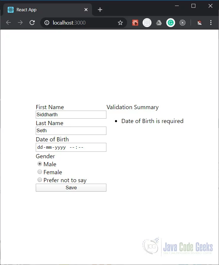 ReactJS Form Validation - Project Output