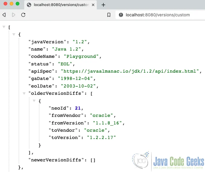 Test application - Java versions and older diffs with custom query