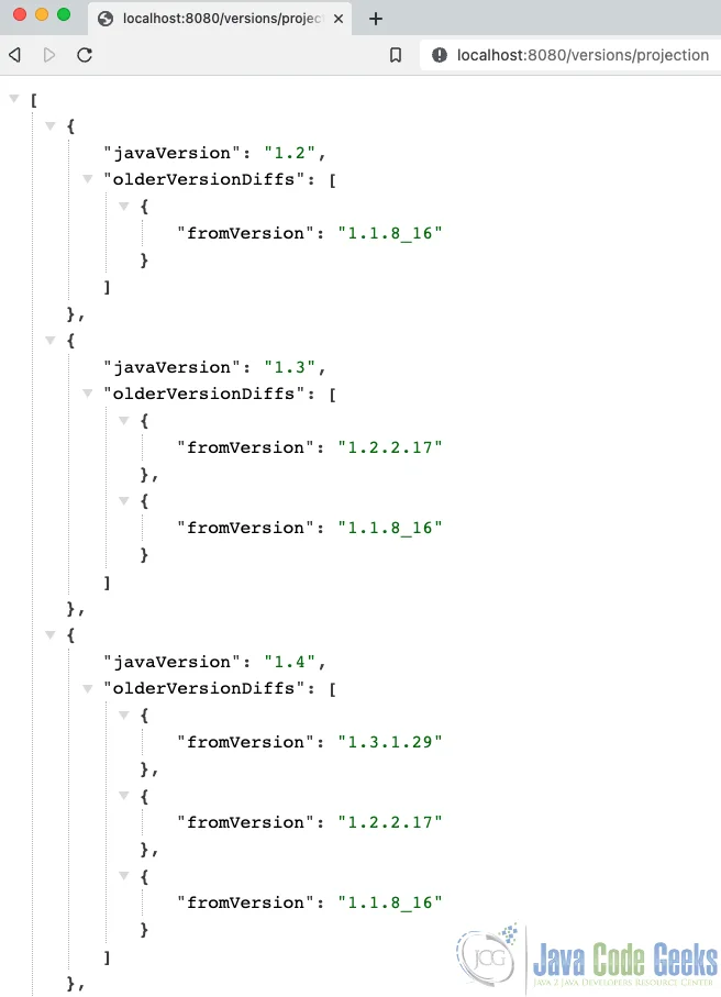 Test application - Java projection of versions and diffs