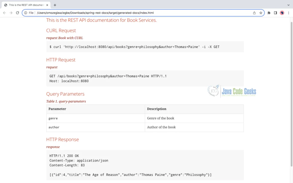 Fig 2. Output of generated documentation on a web browser