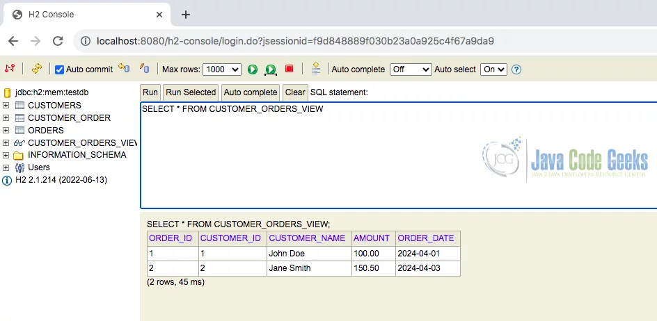 Fig 1: Database view - customer_orders_view