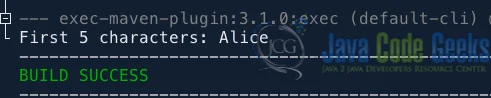 Fig 1: Example output using the substring() method in Java to get the first n characters