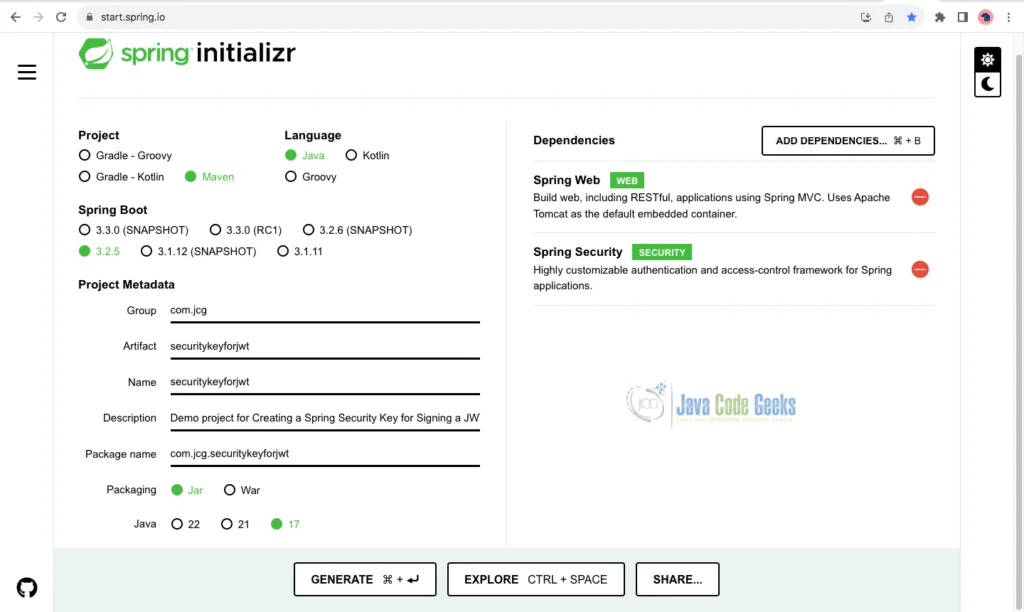 Fig 1: Generate a spring boot project with the dependencies (spring security and spring web) for jthe wt token example