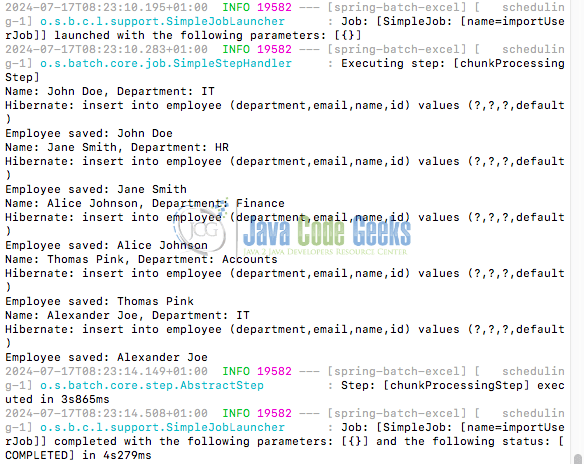 Example Log Output for Spring Batch Excel Processing
