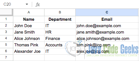 Fig 1: Sample Excel File Used for Spring Batch Excel Reader Example