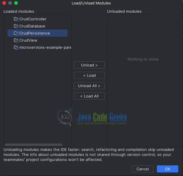 Screenshot of the Load/Unload Module feature in IntelliJ to limit indexing.