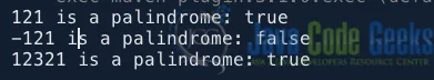 output generated by executing the Java palindrome integer test example