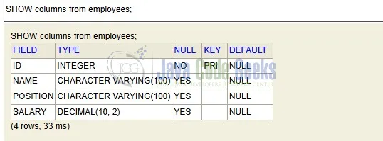 Fig. 1: Sql command output 1