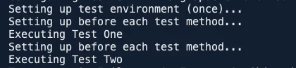 Screenshot showing the output of the combined example for @BeforeTest vs @BeforeMethod in Java TestNG.