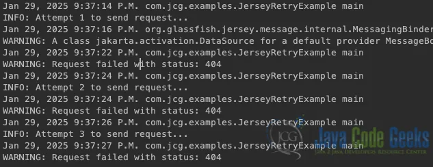 Jersey connection timeout, read timeout, retry mechanism, and response output.