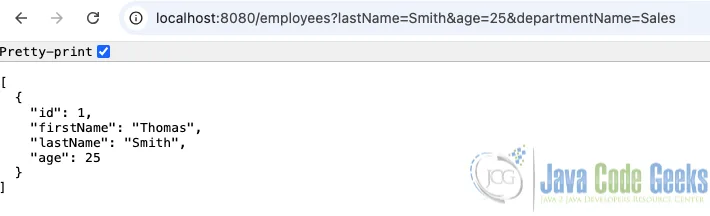 Screenshot of browser output for a Spring Data JPA query with arbitrary AND clauses example.