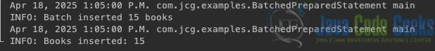 Sample output demonstrating batch processing with Java SQL PreparedStatement reuse