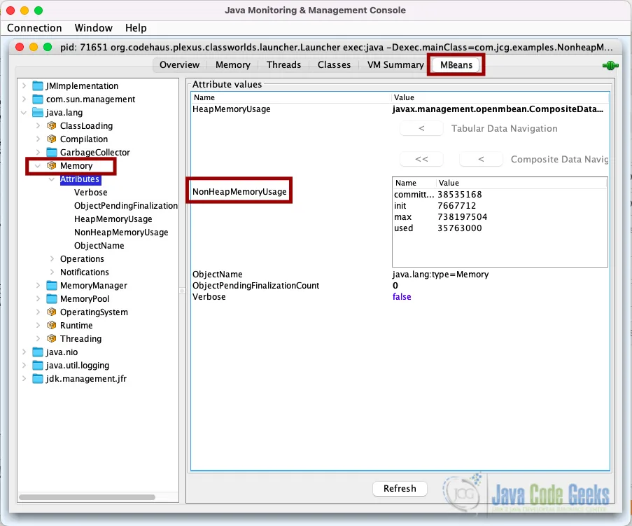 Screenshot of the MBeans tab in JConsole.