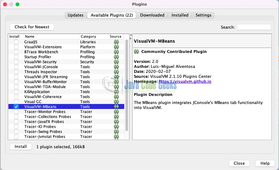 Screenshot of VisualVM’s plugin list for monitoring Java JVM non-heap memory usage.