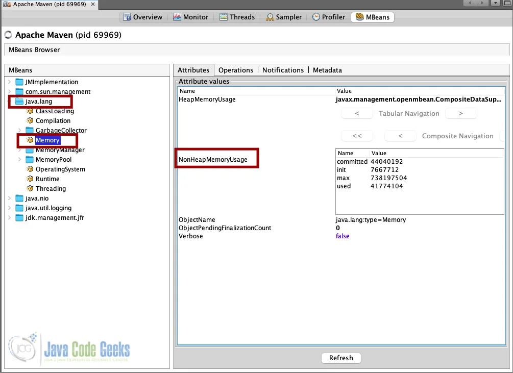 NonHeapMemoryUsage view screenshot.