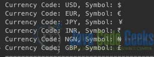 Output of Java Currency Code to Symbol Mapping