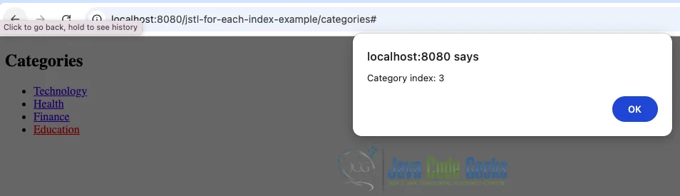 Screenshot showing the output after clicking the link Education-index 3 in the JSTL forEach index values example.