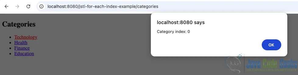 Screenshot showing the output after clicking the Technology link-index 0 in the JSTL forEach index values example.