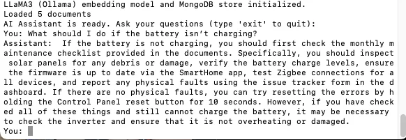 Sample Response from the Assistant (Java + LangChain4j + MongoDB)
