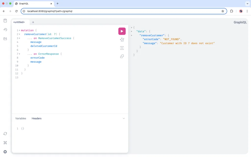Java GraphQL mutation example returning multiple data types – screenshot showing error output.