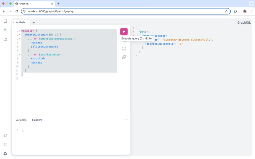 Java GraphQL Mutation Example Returning Multiple Data Types – Screenshot Output