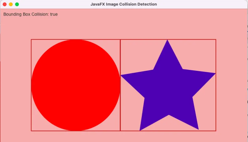 collision detected -screenshot output of Java image collision detection using the bounding box method.