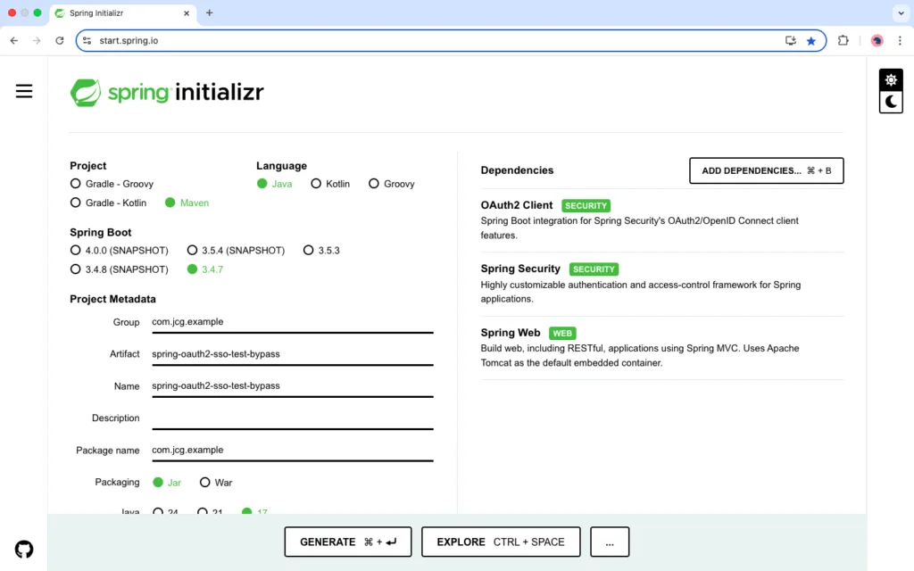 Dependency overview for the Spring OAuth2 Mock SSO example project.
