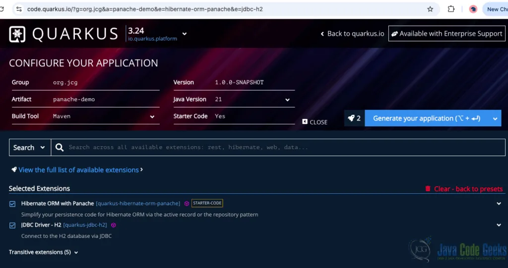 Screenshot from code.quarkus.io showcasing a Java Hibernate Panache example project setup.
