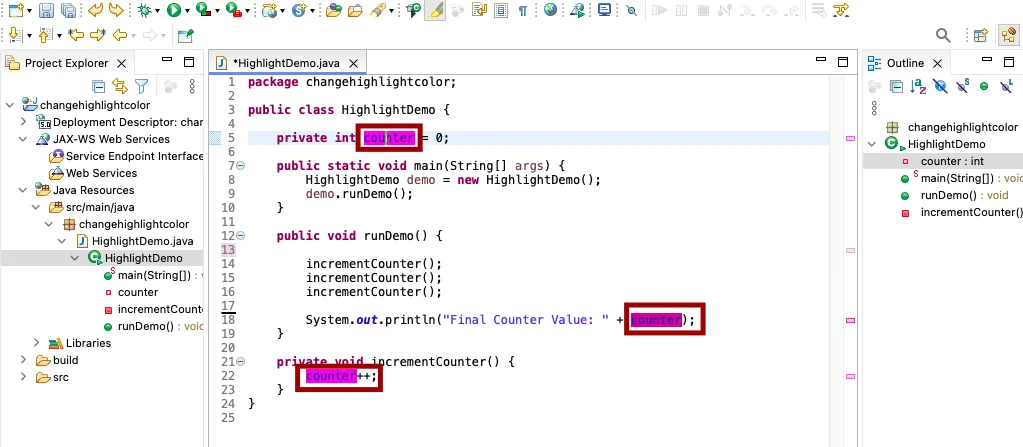 Screenshot showing the colored background applied to all instances of the selected element in Eclipse (change highlight color example).